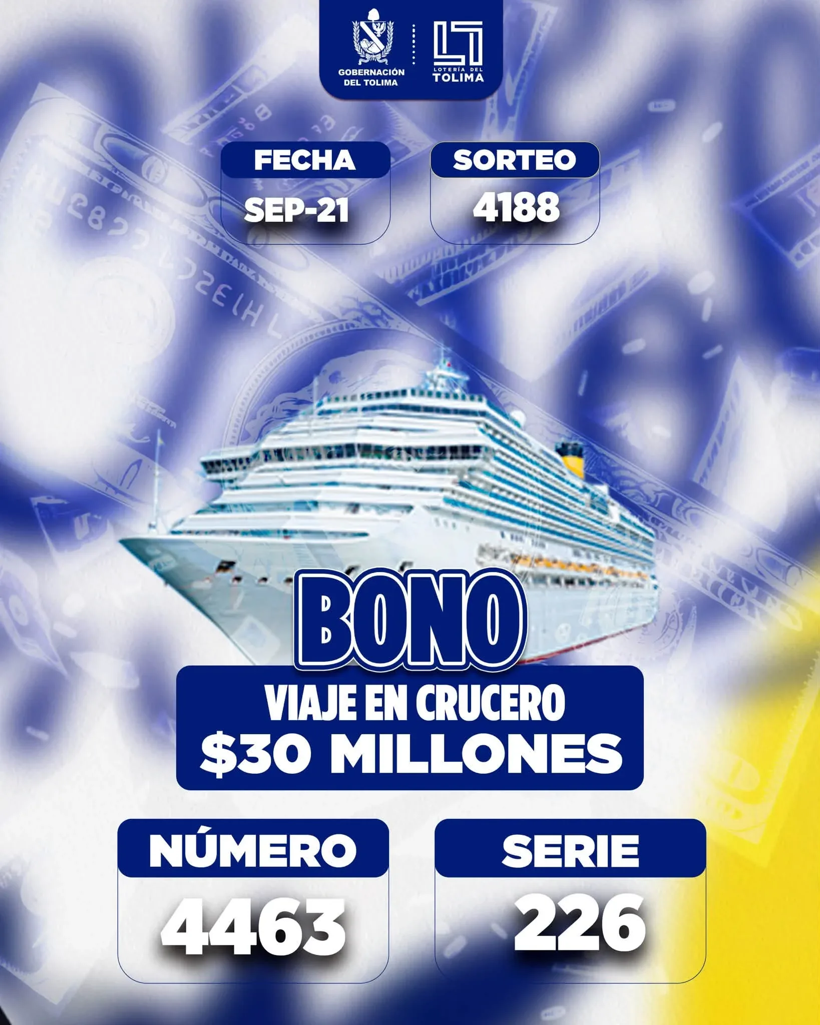 Loteria del tolima sorteo 4188, realizado el 21 de septiembre: