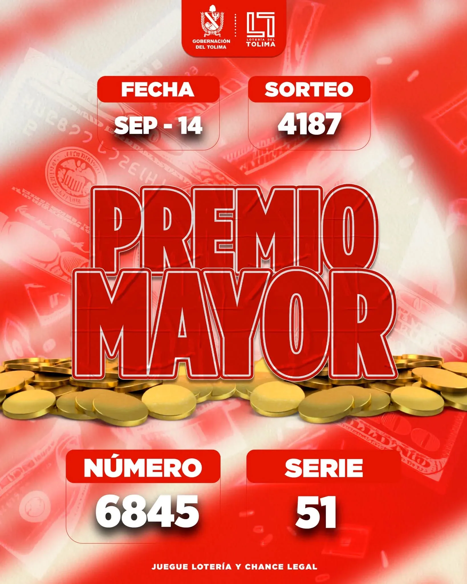 Loteria Tolima  sorteo 4187 de 14 de septiembre 2026