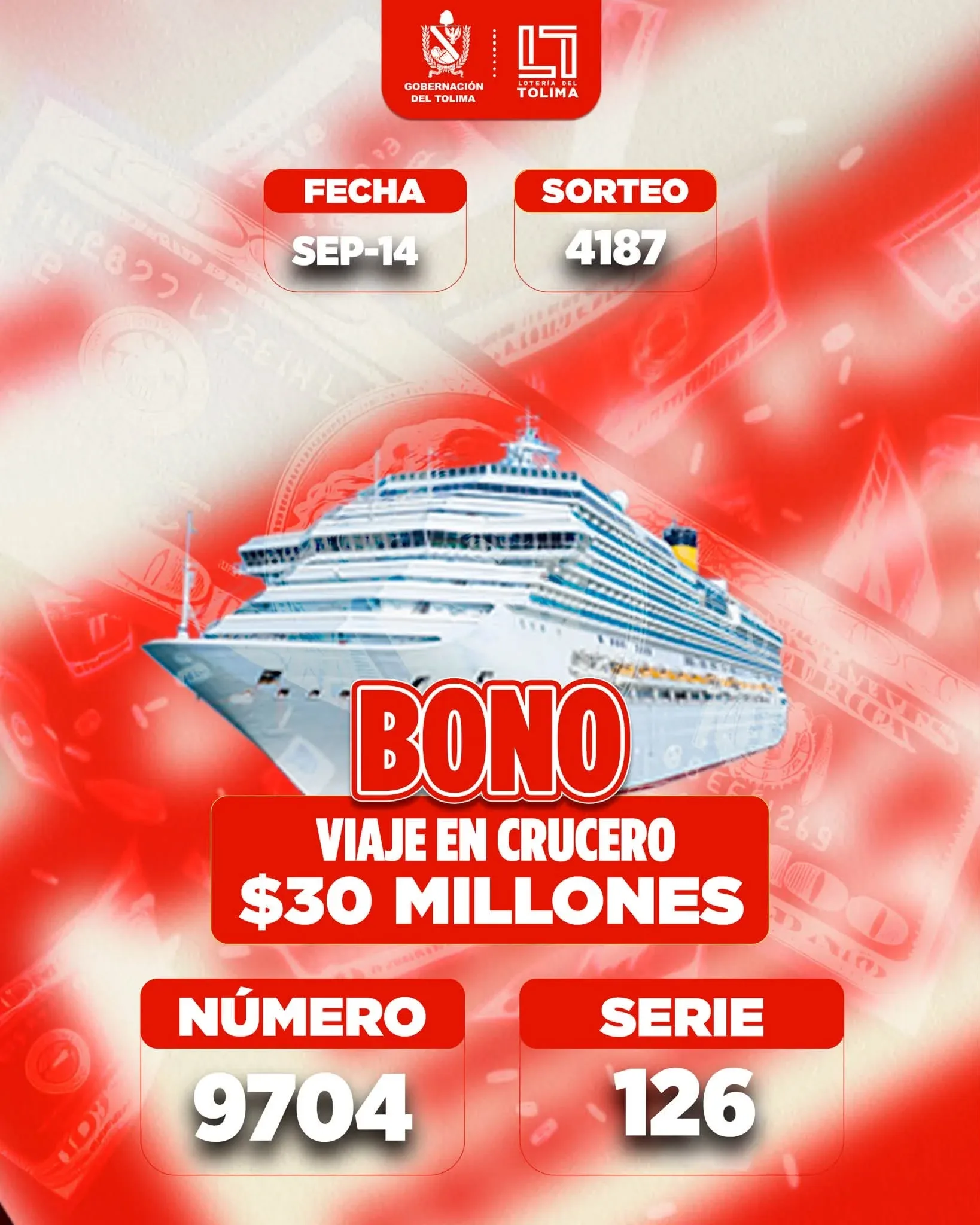 Loteria Tolima  sorteo 4187 de 14 de septiembre 2026