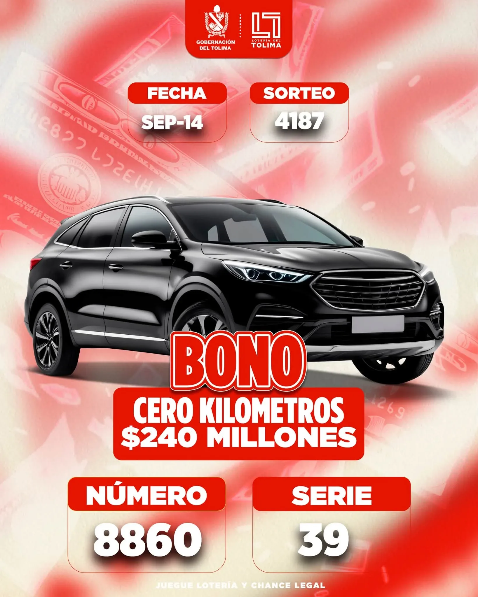 Loteria Tolima  sorteo 4187 de 14 de septiembre 2026
