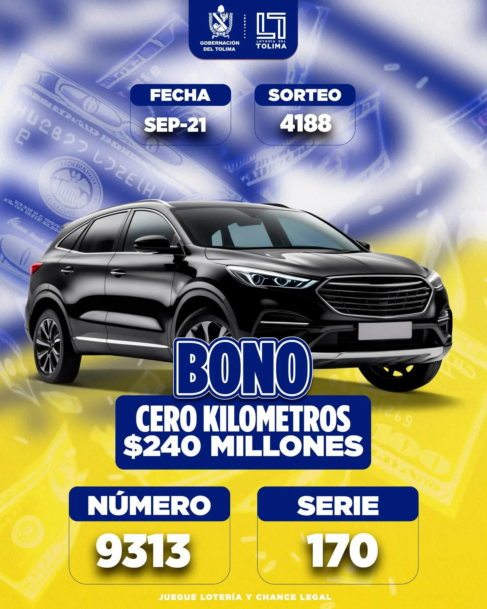 Loteria del tolima sorteo 4188, realizado el 21 de septiembre: