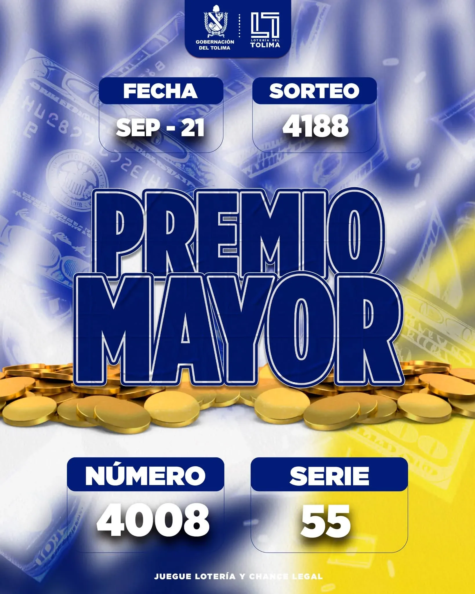 Loteria del tolima sorteo 4188, realizado el 21 de septiembre: