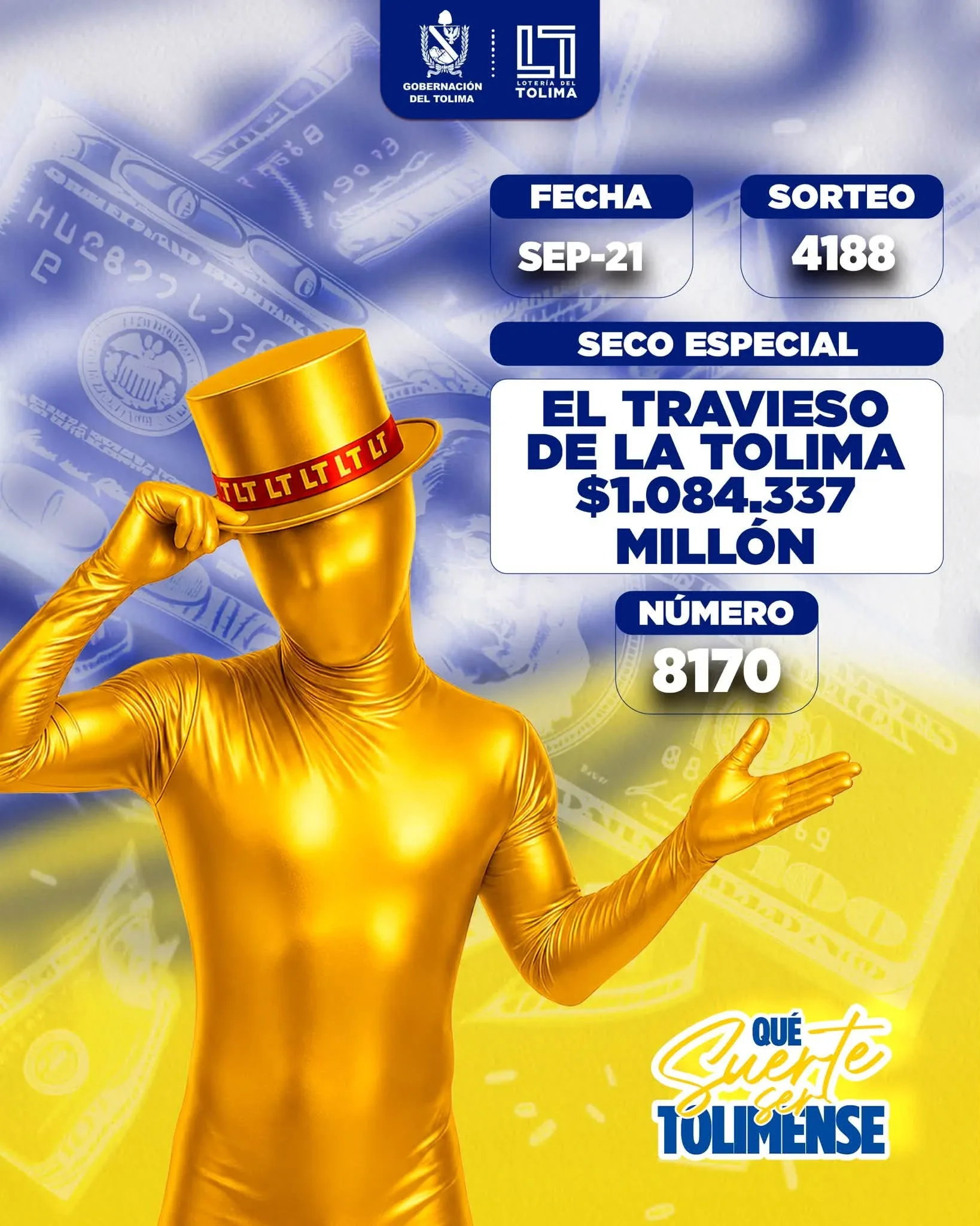 Loteria del tolima sorteo 4188, realizado el 21 de septiembre: