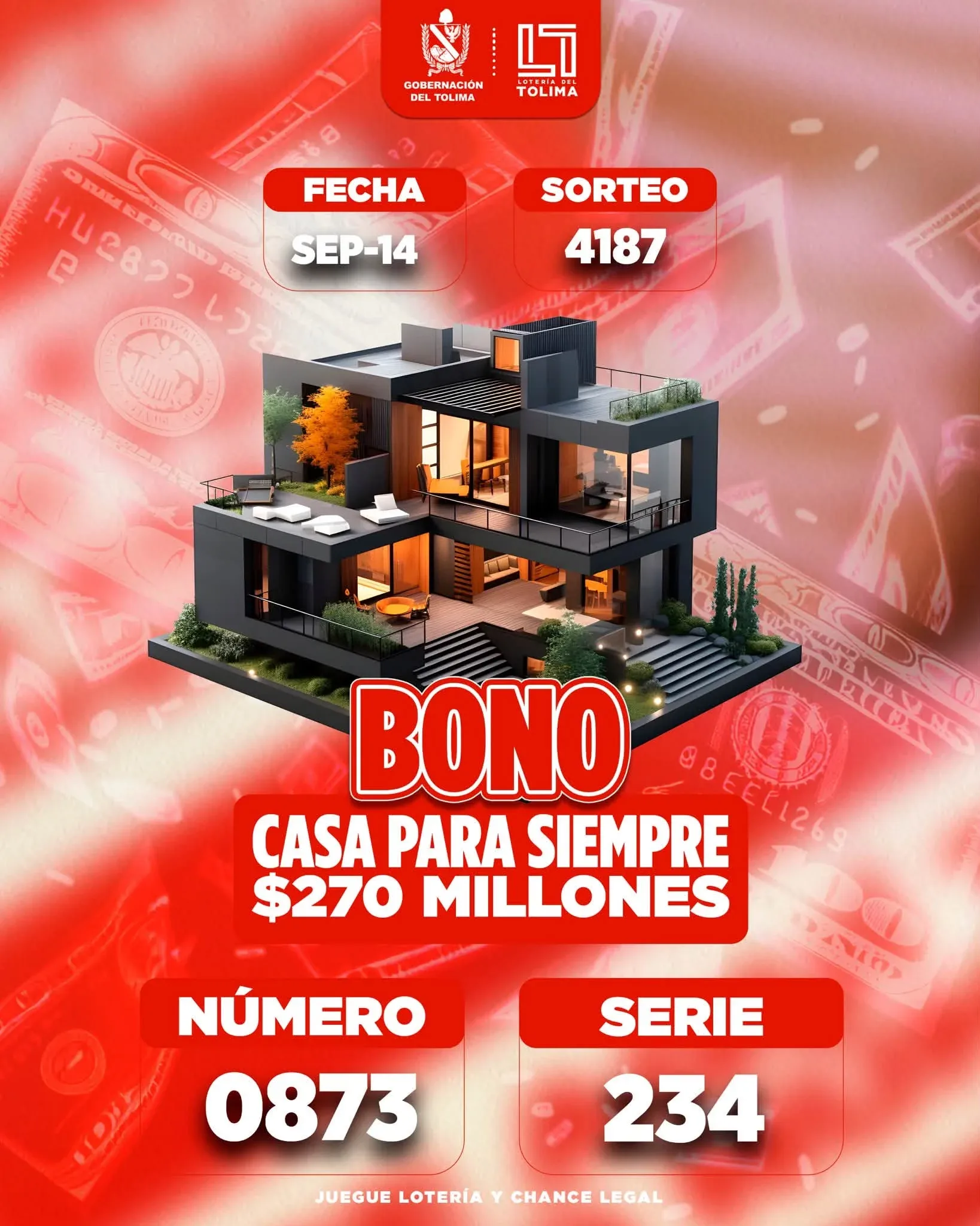 Loteria Tolima  sorteo 4187 de 14 de septiembre 2026