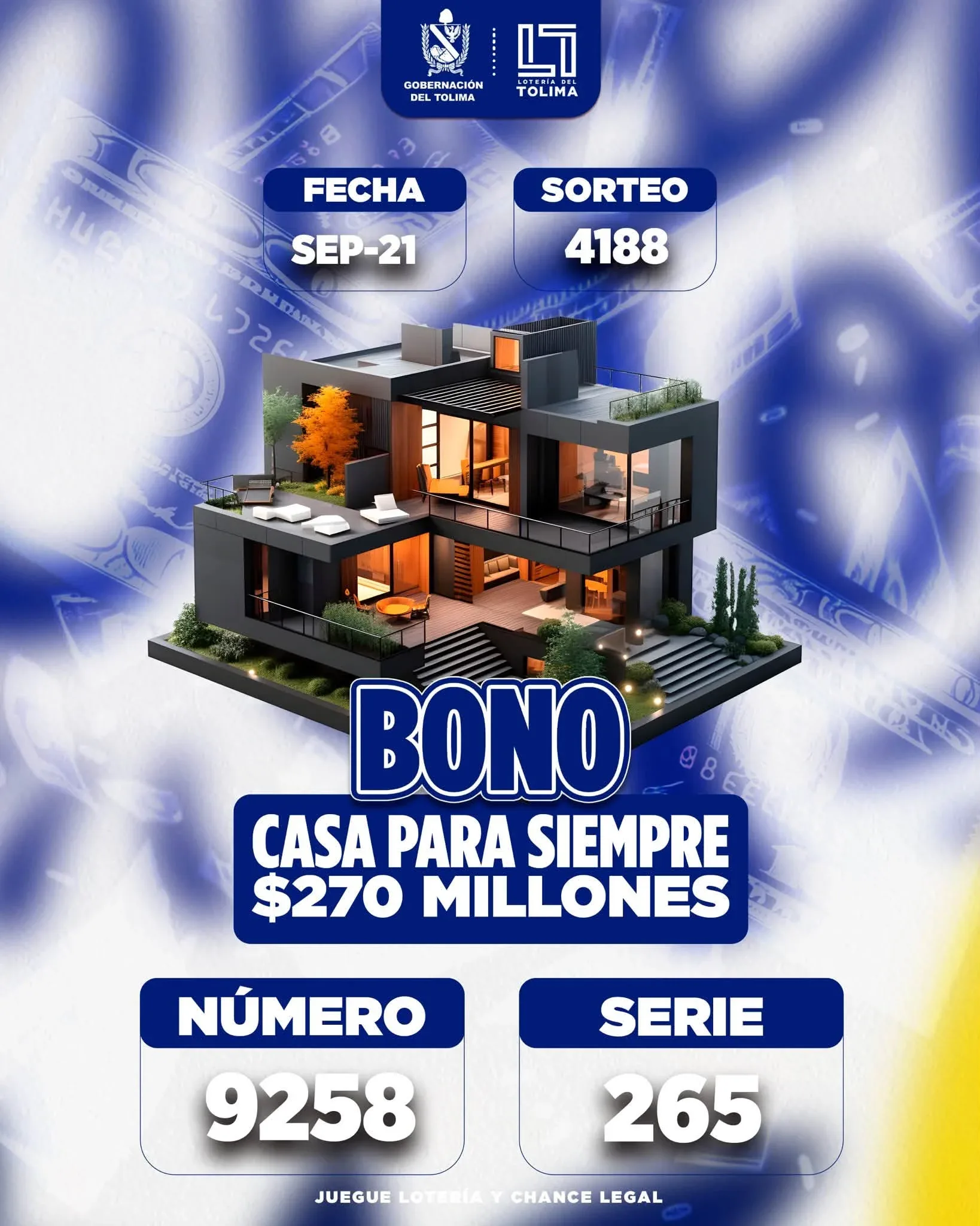 Loteria del tolima sorteo 4188, realizado el 21 de septiembre: