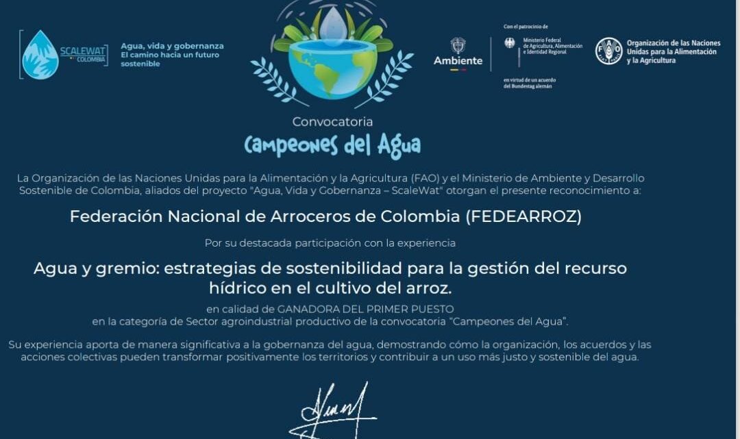 FEDEARROZ GANADOR DE LA CONVOCATORIA “CAMPEONES  DEL AGUA” – SECTOR AGROINDUSTRIAL, OTORGADO POR LA  FAO Y MIN AMBIENTE