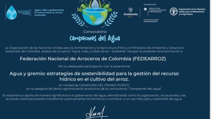 FEDEARROZ GANADOR DE LA CONVOCATORIA “CAMPEONES  DEL AGUA” – SECTOR AGROINDUSTRIAL, OTORGADO POR LA  FAO Y MIN AMBIENTE