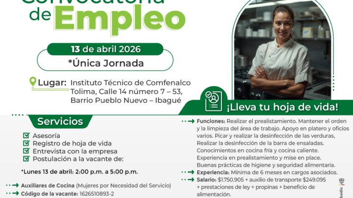 Convocatoria laboral masiva en Ibagué para el sector gastronómico