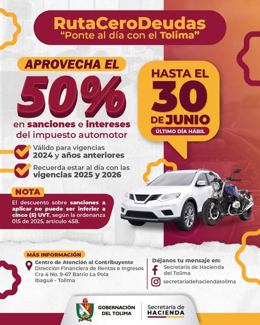 Aprovecha el 50% intereses del impuesto vehicular y ponte al día con el Tolima